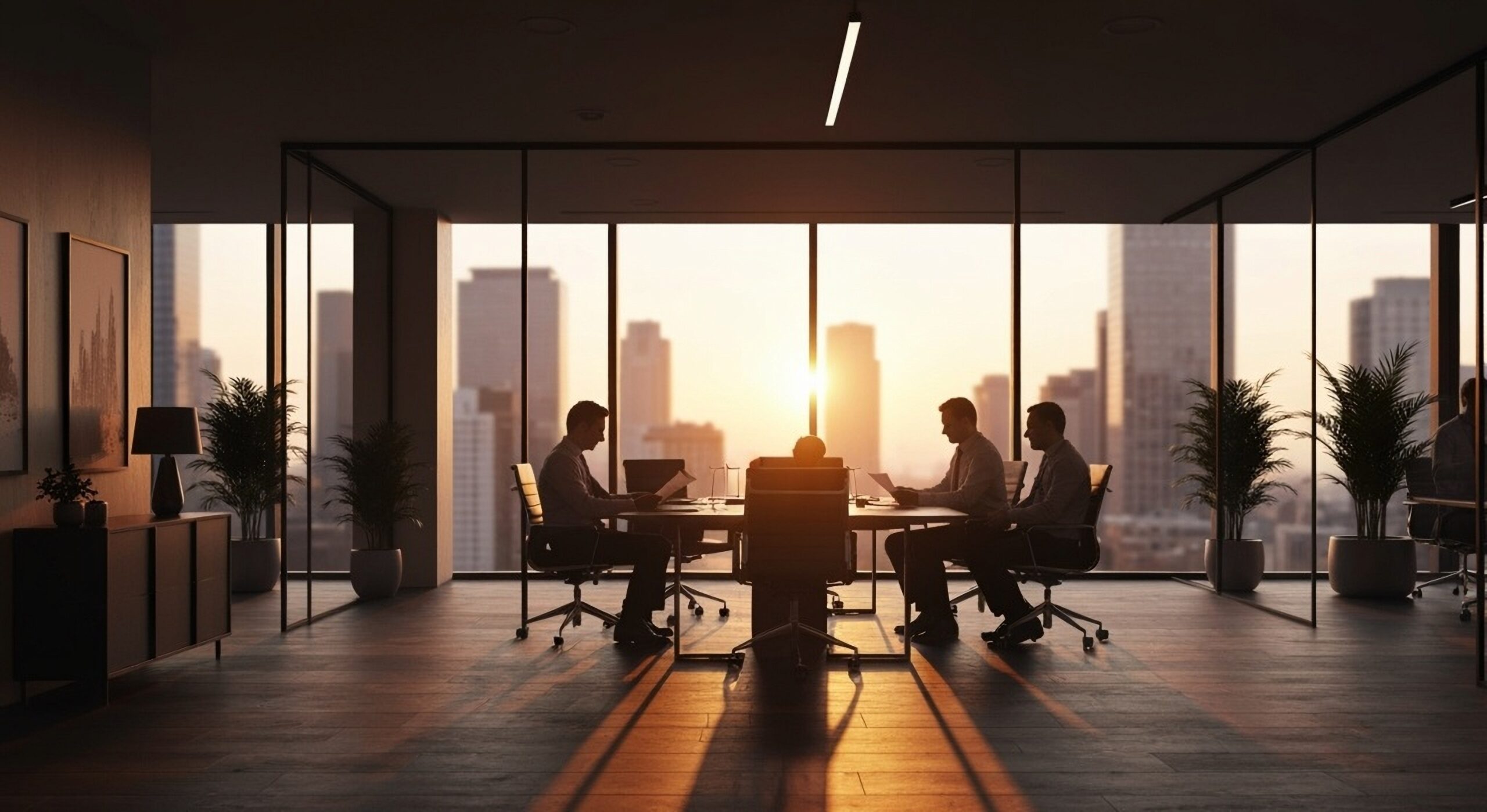 A modern office conference room with floor-to-ceiling windows overlooking a city skyline at sunset. Four people sit around a table in silhouette, reviewing documents as warm sunlight streams in, casting long shadows across the floor.